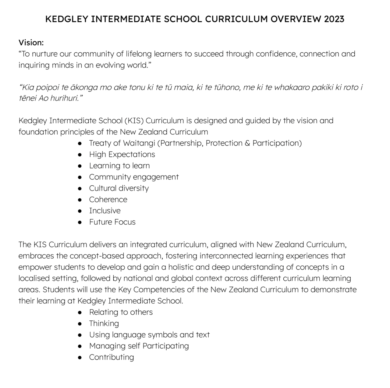 KIS Curriculum Overview - Kedgley Intermediate School